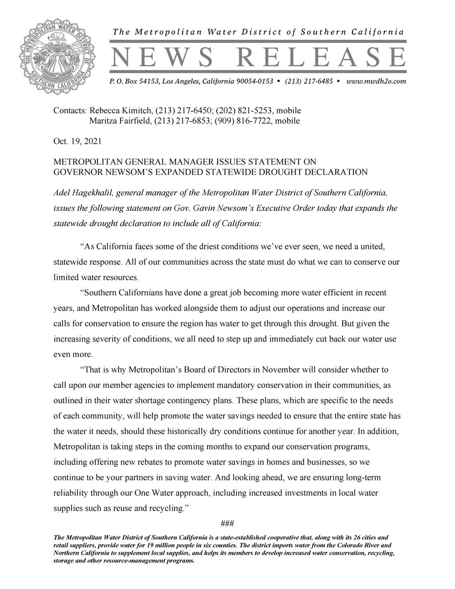 mwdh2o's tweet photo. "As California faces some of the driest conditions we’ve ever seen, we need a united, statewide response...we all need to step up and immediately cut back our water use even more," says GM @adelh2o in response to the statewide drought declaration including all of the state. https://t.co/yYrGUcC3he