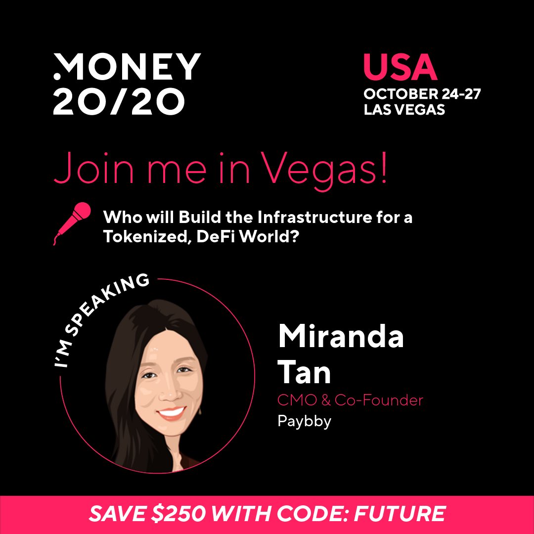 Really excited to have Paybby CMO speak at #Money2020USA on October 24-27! Join Paybby in Las Vegas &amp; save $250 on your pass with code FUTURE. #money2020 bit.ly/3zdcXfl  <a href="/Paybby1/">Paybby</a> <a href="/wicketbanking/">Wicket Banking</a>