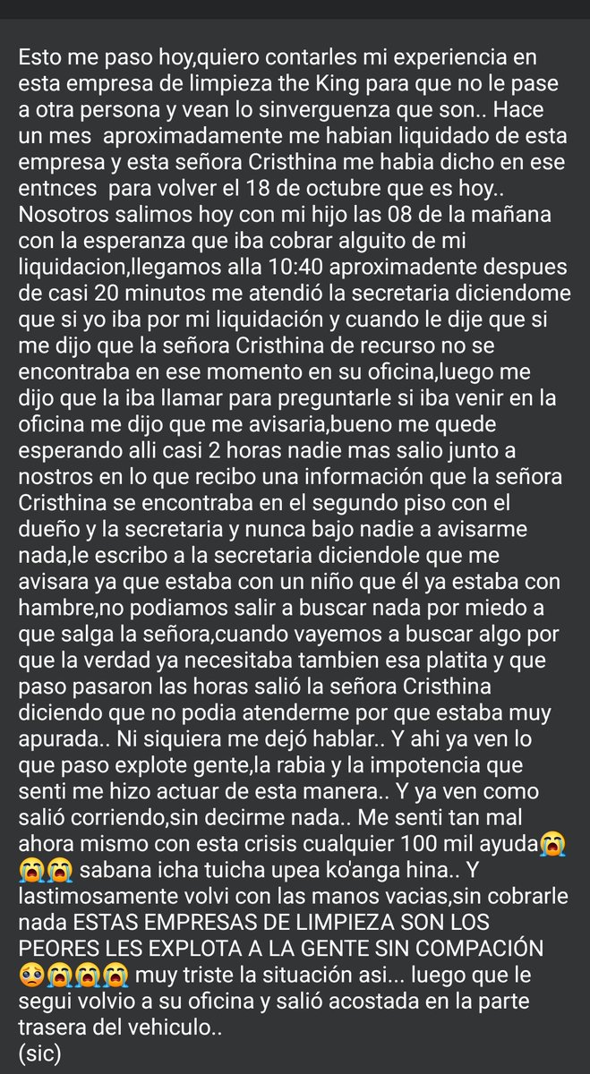 jfergo86's tweet photo. Denuncia de una ex empleada de la Empresa de Limpieza They King
@MTESS_PY @danysanchezpy.
El vídeo abajo⬇️⬇️⬇️ https://t.co/Zkn3PQLIIL