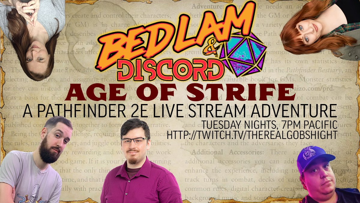 paizo's tweet photo. Community Spotlight: Tonight it happens! Be sure to join @SkaldsTale @DayeanneHutton @Squiiddish (2 Perception) @kiera_lp and @Jared (He/Him) | BaD &amp; DaT | TKE as they launch a new Pathfinder 2e stream, Age of Strife! They go live at 7pm Pacific over on https://t.co/xa4Or07wYs https://t.co/IkFqB0Eh6f