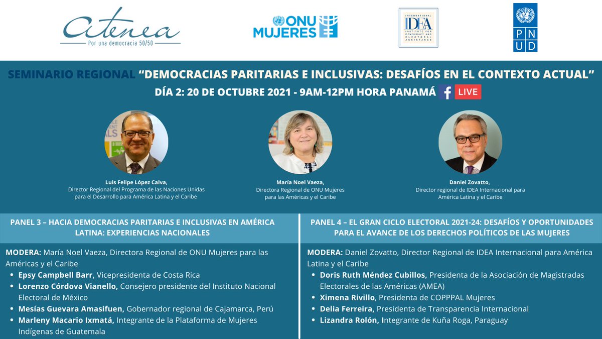 ONUMujeres's tweet photo. La paridad en la toma de decisiones es un asunto de #democracia. ¡Sin mujeres no hay democracia! Conoce experiencias y perspectivas nacionales y regionales hacia la #DemocraciaParitaria este 19 y 20 OCT a las 9AM (Panamá) en Seminario de #AteneaEsParidad: https://t.co/bYcGUENJLS https://t.co/bO0WMn85QA
