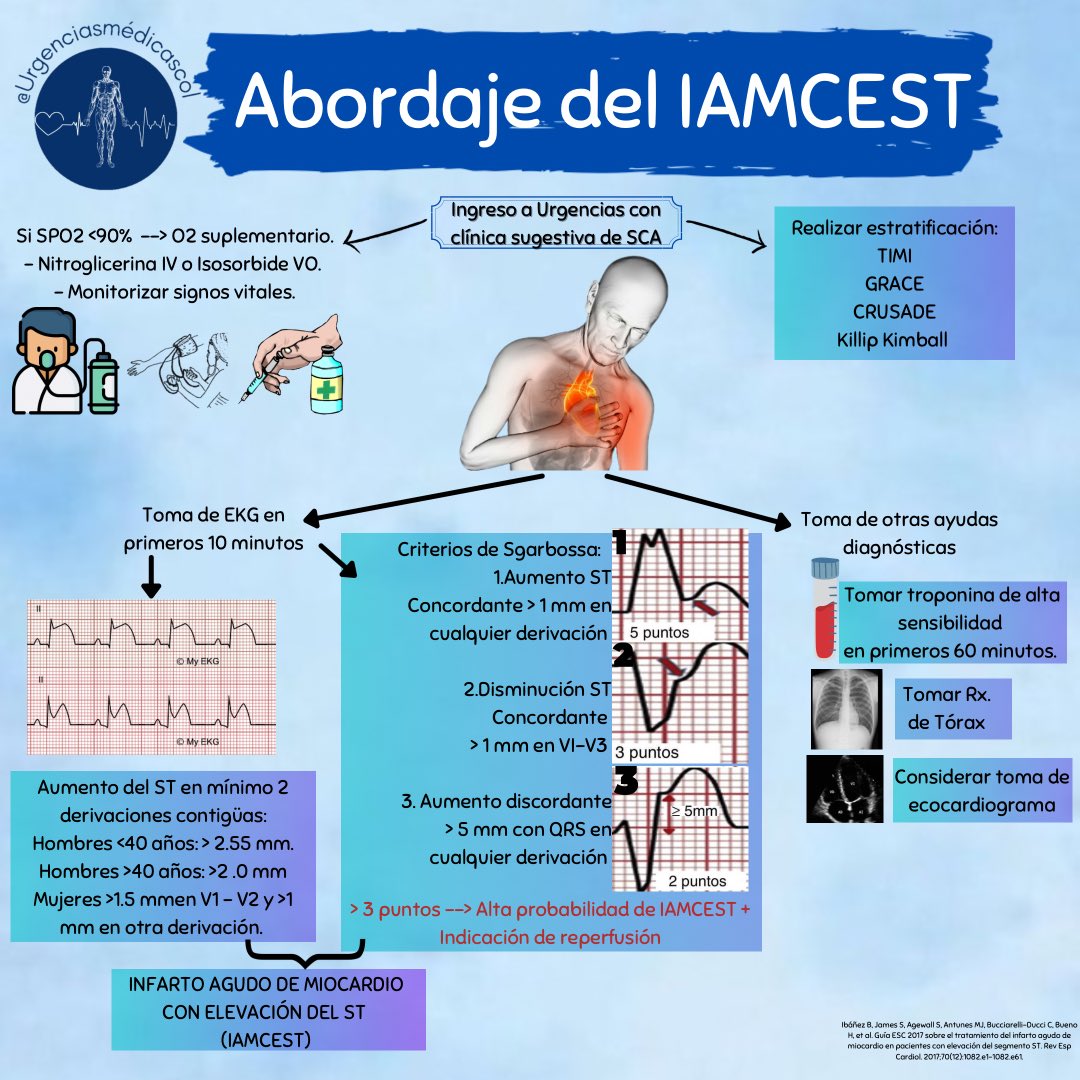 urgenciasmedcol's tweet photo. Abordaje de IAMCEST en el servicio de urgencias 🫀🚑
Elaborado por: Ana Echavarria 👩🏻⚕️
#urgencias #cardiologia #sindromecoronarioagudo #iamcest #infarto #dolortoracico #sgarbossa #tenecteplase #alteplase #fibrinolisis #icp #electrocardiograma https://t.co/ewuXL3ccRK