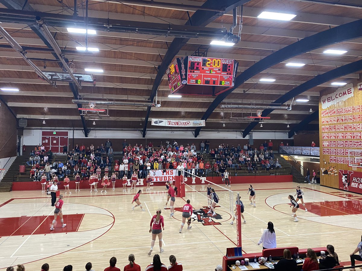 Yuma Indian seniors take down Wray in set 1, 25-18 to start the final home volleyball game as Yuma Indians! What a great bunch of seniors this is and I’m heartbroken thinking about a different logo on that floor next year. #RollTribe <a href="/CHSAA/">CHSAA</a> <a href="/coloradopreps/">Colorado Preps</a> #copreps