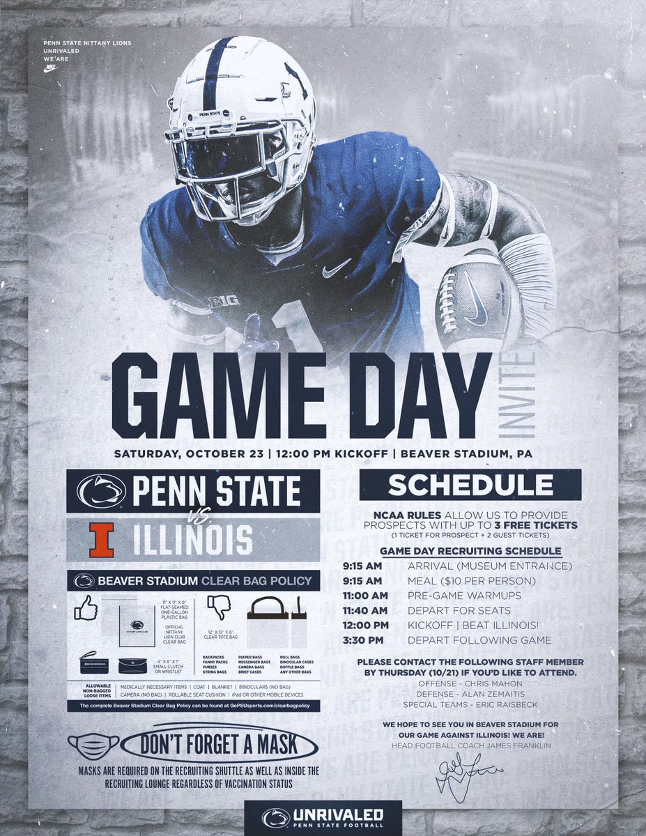 Happy for the Invite to Penn State vs. Illinois this weekend. Thank you to <a href="/PennStateFball/">Penn State Football</a> and all of the coaches🔵⚪️🦁