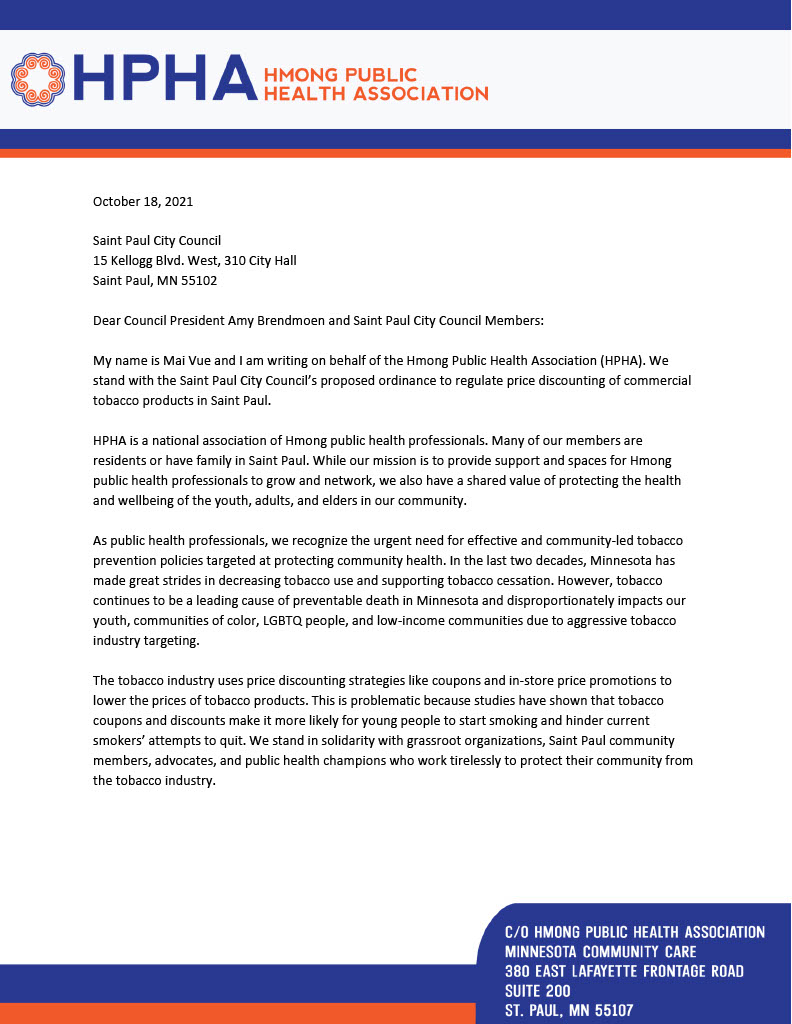 HmongPublicHlth's tweet photo. The Hmong Public Health Association strongly supports the Saint Paul City Council's proposed tobacco ordinance. If passed, this ordinance will protect the health and wellbeing of Saint Paul residents from the harms of commercial tobacco products. #dontdiscountmylife https://t.co/Yk0MV5PGH1