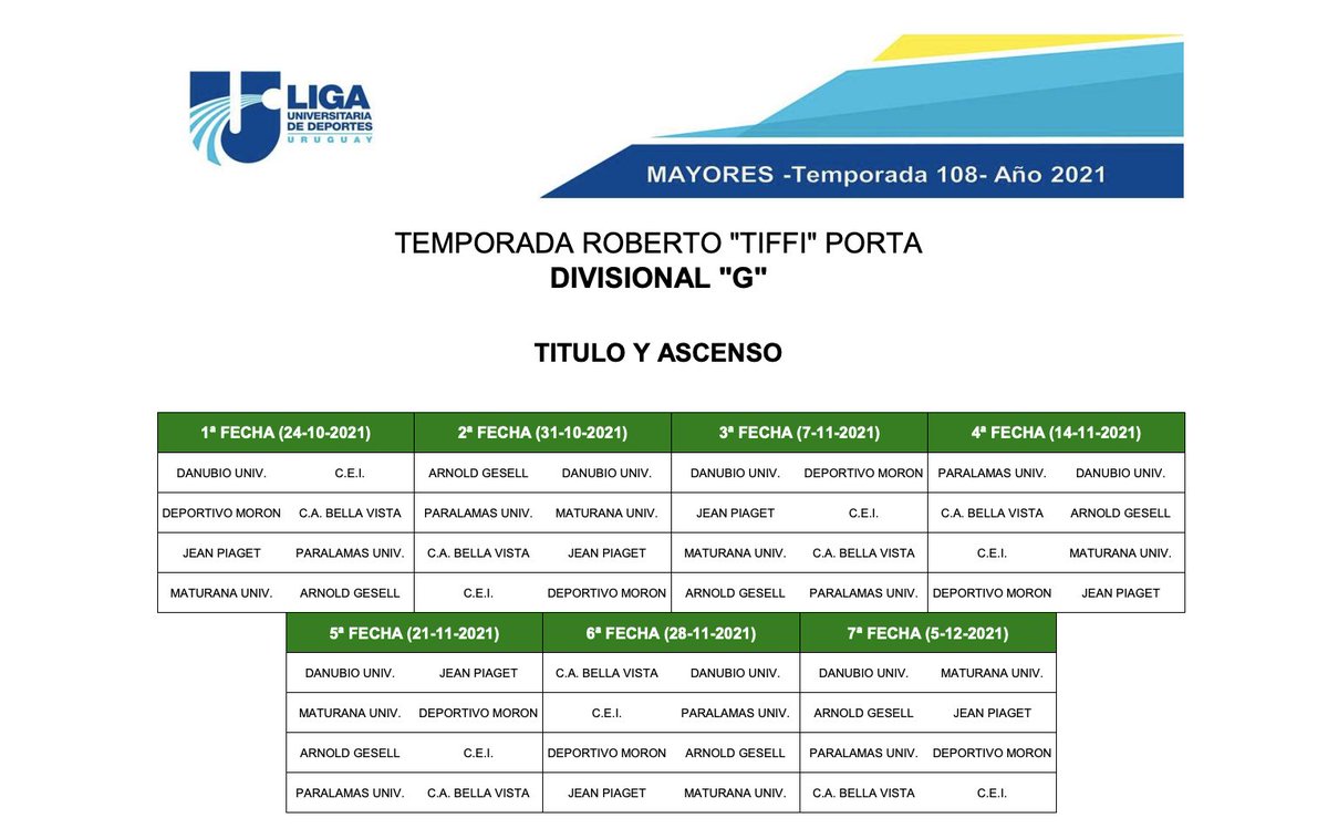 📅 FIXTURE - Mayores
⚽ Divisional G - Título y Ascenso

Primera Fecha:
<a href="/DanubioUniv/">DanubioUniversitario</a> 🆚 @clubCEI 
<a href="/u_moron/">Deportivo Moron U.</a> 🆚 <a href="/BellaVistaU/">Bella Vista Universitario</a> 
<a href="/JPUoficial/">Jean Piaget Universitario</a> 🆚 @ParalamasUniv 
<a href="/MaturanaU/">Maturana Universitario</a> 🆚 Arnold Gesell
