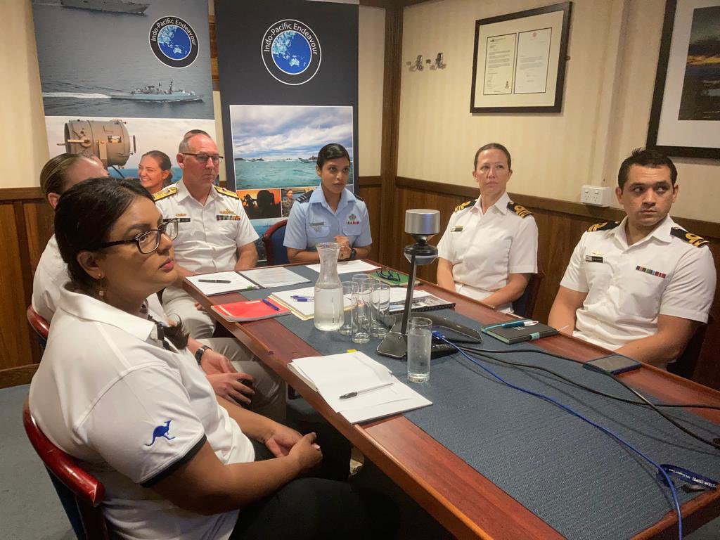AusEmbPP's tweet photo. Virtual Women Peace and Security seminar yesterday between HMAS Anzac and #IPE21 &amp; the Royal Cambodian Armed Forces. So much to share from our respective experiences, including on #COVID19, peacekeeping and de-mining @AusAmbGender @mowakhmer @Australian_Navy #UNSCR1325 https://t.co/vP9DWOPkq2