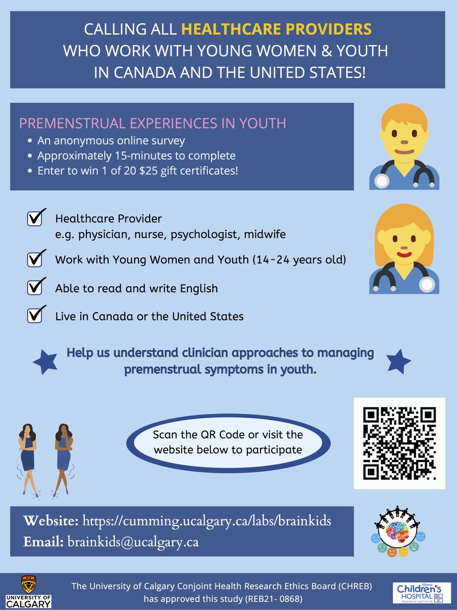 brainkidsab's tweet photo. Calling all healthcare providers who work with young women in Canada and the US, please help us understand clinician approaches to managing premenstrual symptoms in youth 14-24 years old! #PMDD #PME  https://t.co/rIklACvi4j @IAPMDglobal @IAPMD_clinical https://t.co/HfJ2GWG8go