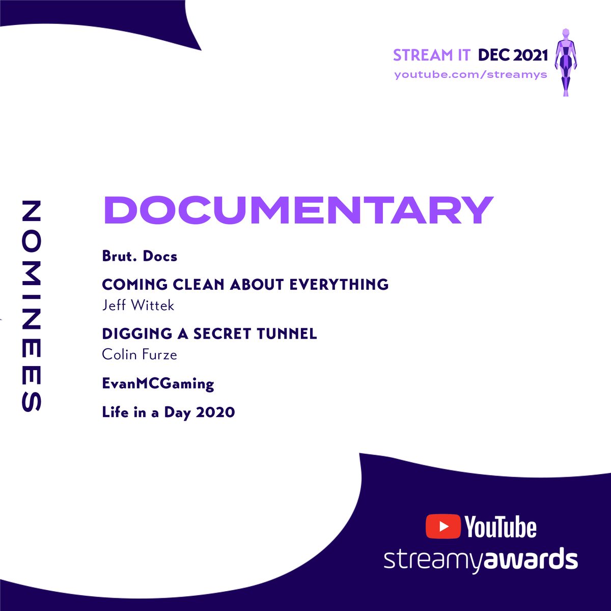 streamys's tweet photo. Documentary:
🟣 Brut. Docs (@brutamerica)
🟣 COMING CLEAN ABOUT EVERYTHING • @jeffwittek
🟣 DIGGING A SECRET TUNNEL • @colin_furze
🟣 @evanmcgaming
🟣 Life in a Day 2020

#streamys https://t.co/fFsXTYZLhQ