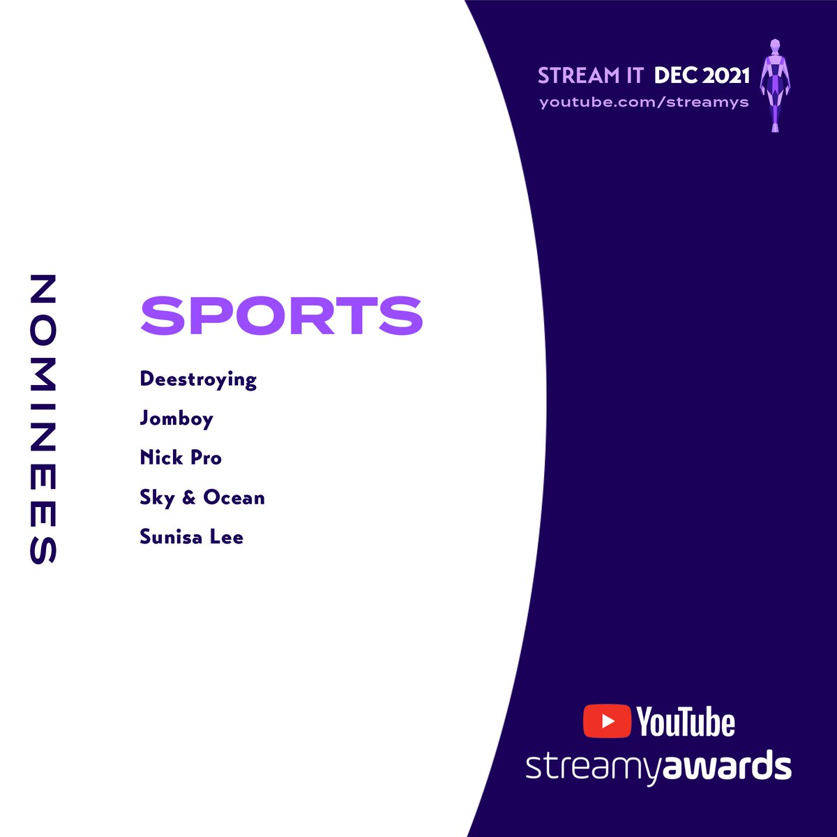 Sports:
🟣 <a href="/Deestroying/">Dee</a>
🟣 <a href="/Jomboy_/">Jomboy</a>
🟣 Nick Pro
🟣 <a href="/skyandocean_/">Sky & Ocean</a>
🟣 <a href="/sunisalee_/">Sunisa lee</a>

#streamys