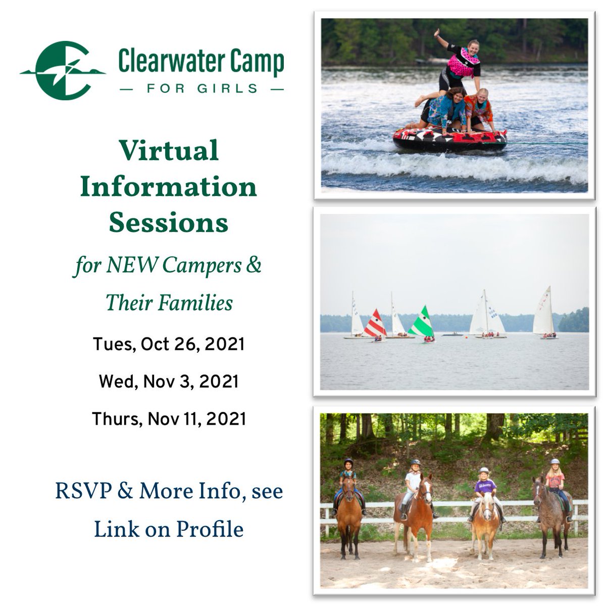 Clearwater_Camp's tweet photo. We invite potential new campers and their families to learn why Clearwater is the BEST sleepaway summer camp! Join us at a virtual information session this fall: Tues, Oct 26 ** Wed, Nov 3 ** Thurs, Nov 11
RSVP & MORE INFO: https://t.co/sqMlHJF5Tf
#CC4G #SummerCamp #Wisconsin https://t.co/mFLYz8NK8f