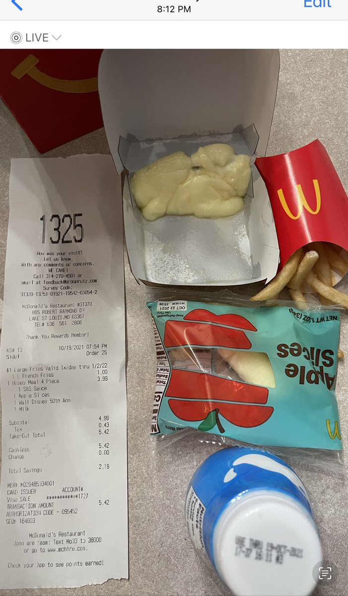 cwebb6733's tweet photo. @McDonalds what is this substance that’s clearly not part of a 4 piece chicken nugget happy meal?! I ran by to grab food for my kiddo and I come home to open this…I know not to expect much from fast food and it was late..but seriously??! 🤢😡 #McDonalds #fastfoodfail #fastfood https://t.co/yMuzNHVNTm