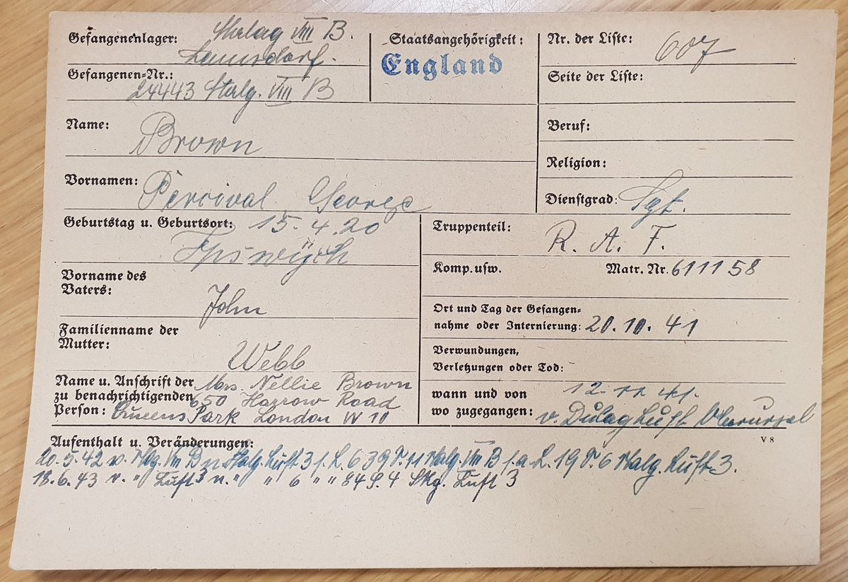 FitzmauriceJ's tweet photo. According to MREU reports and a Belgian resistance leaflet, Sgt Brown was picked up by Belgian resistance, presumably for the Comet Line. However, he was ‘denounced’ by a local well-known collaborator (a Baker named Sack) and was subsequently arrested and moved to Dulag Luft 8/11 https://t.co/BvvVWmrSTg
