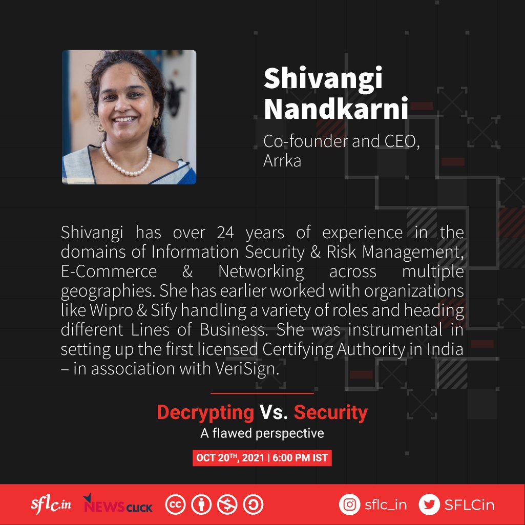 SFLCin's tweet photo. #KnowYourPanel
Introducing Ms. Shivangi Nandkarni, Co-founder and CEO, @arrka2
Join her for an important debate on "Privacy V. Security, A flawed Perspective."
https://t.co/TRBEAuApRK
#encryption #Data #Encryption #event #GlobalEncryptionDay
@newsclickin https://t.co/Cia7MEOiB2