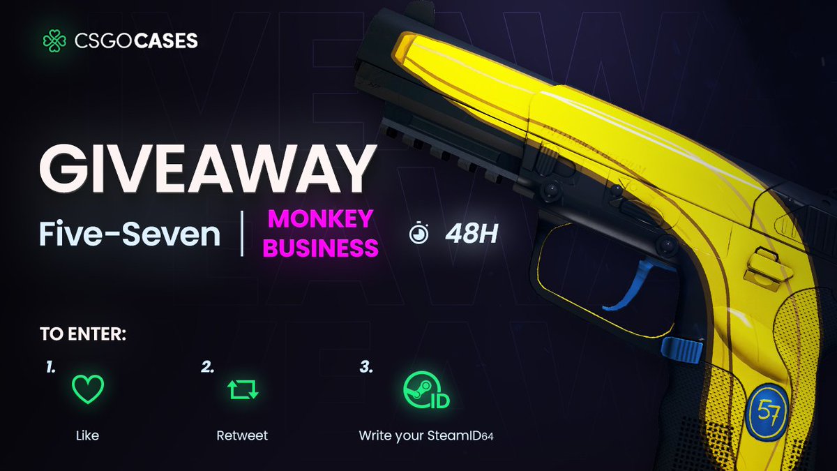 csgocasescom's tweet photo. 💥Five-SeveN | Monkey Business (MW) GIVEAWAY!💥
How to Enter:
💗Like
🔁Retweet
✍️Write your SteamID64 

🎁Winner will be announced in 48h⏰ https://t.co/V1vJQkWSea