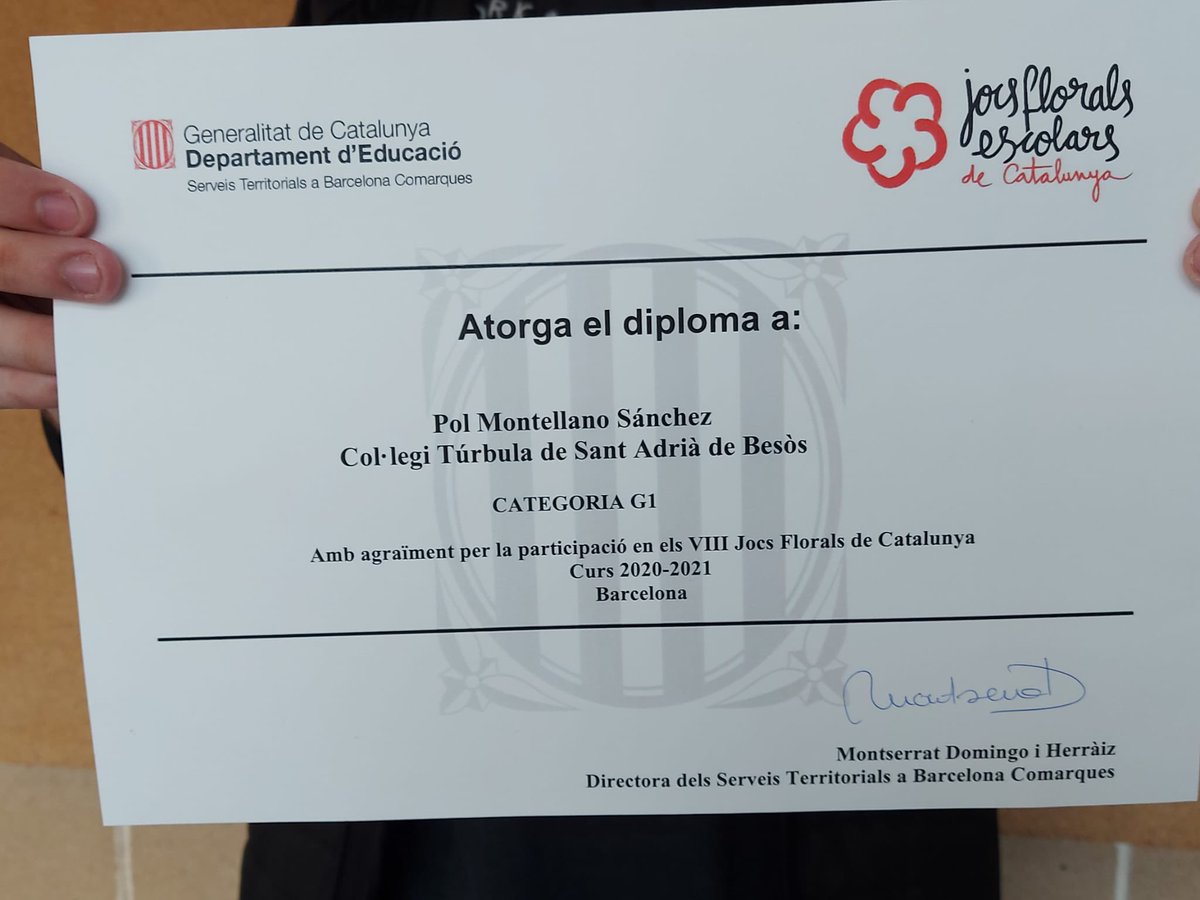 turbula's tweet photo. Volem felicitar el nostre alumne de 4t d'ESO, en Pol Montellano, per la seva participació i reconeixement en la VIII Edició dels Jocs Florals de Catalunya. Pol, continua escrivint i creant!! #jocsflorals #jocsfloralsescolarsdecatalunya #aturbulasomaixi https://t.co/x5ZYSuwUrz
