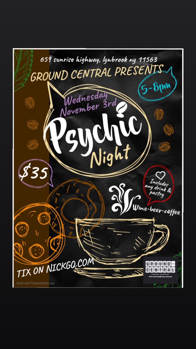 NICKGQNYC's tweet photo. Hey #lynbrook #longisland #psychicnight returns wednesday november 3rd at #groundcentral get tix on https://t.co/z0KiYhQdYI #nassaucounty #nassauevents #longislandevents @Ground_Central #coffeehouse #wine #beer #ladiesnight #gno #girlsnightout #psychic https://t.co/tiRyx5ehTJ