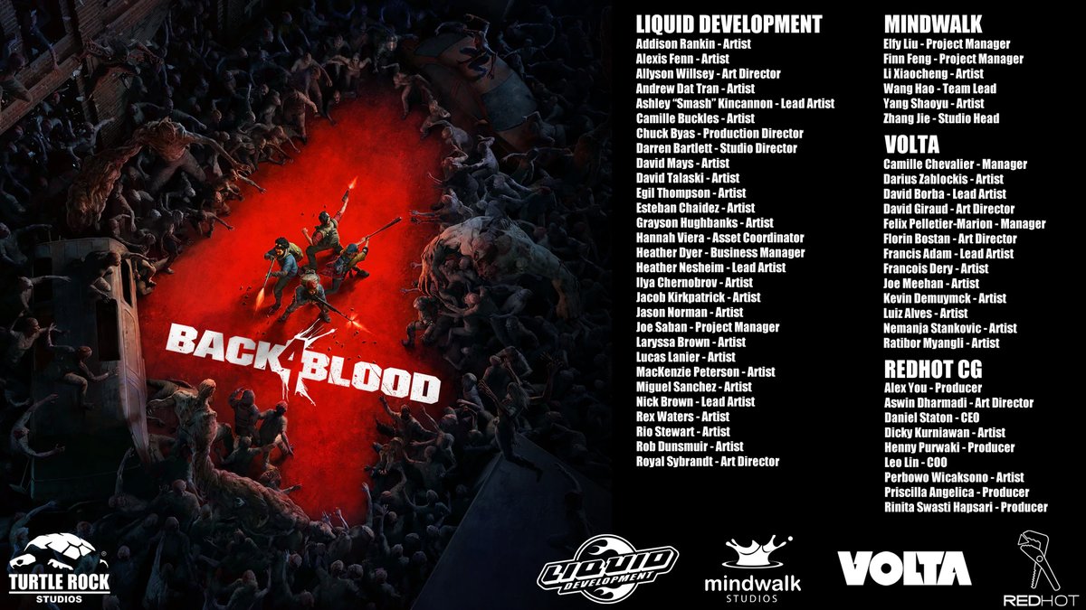 Major congrats to <a href="/TurtleRock/">Turtle Rock Studios</a> on the successful release of #Back4Blood last week. We're thrilled to see artists from 4 different Keywords art studios in the credits for their contributions to the game.
Time to swap the pencils for shotguns and show the Ridden who's boss!
#GameArt