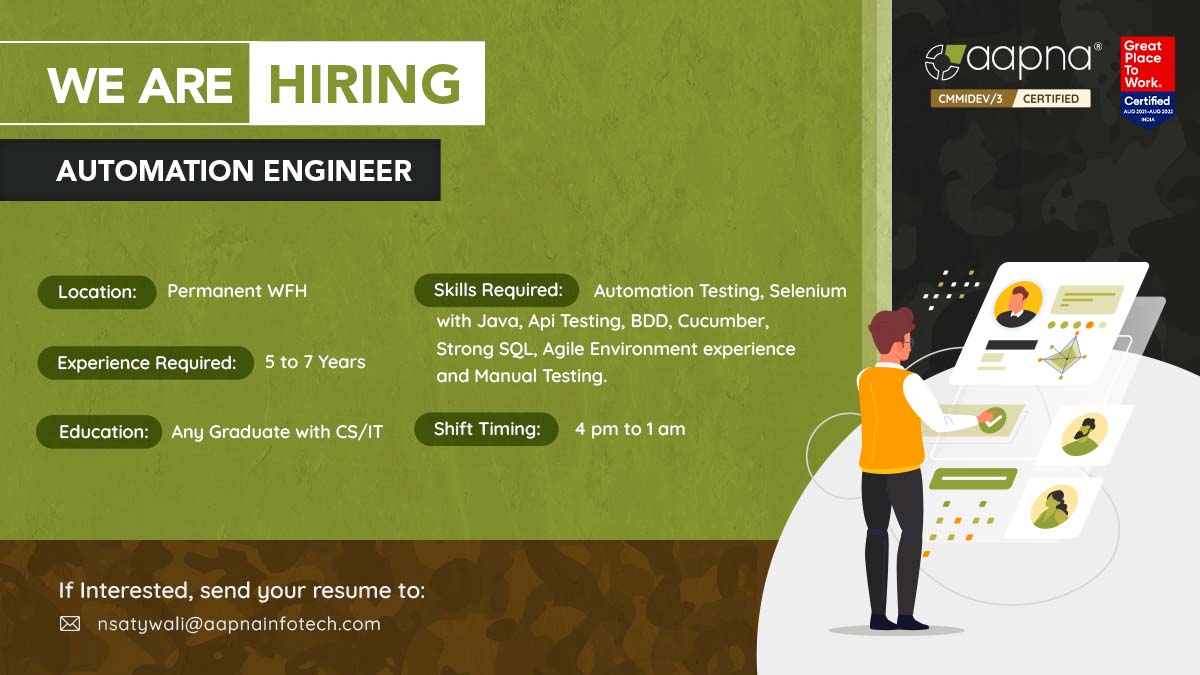 AAPNAInfotech's tweet image. We are HIRING ONLINE

Position Name - Automation Engineer

Location - Permanent WFH

Experience required - 5 to 7 Years

Contact Email ID- nsatywali@aapnainfotech.com

Contact Number- +91 9667482186

#automationengineer #automationtesters #softwaretester #softwaretesting