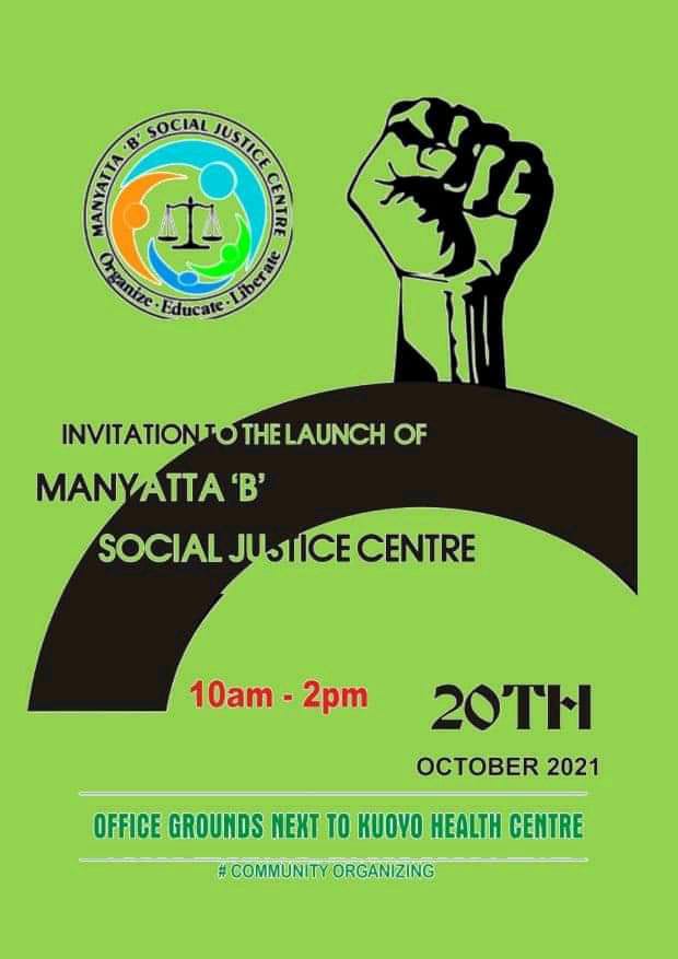 The moment is here .....20/10/2021
Official Launch of <a href="/ManyattaBSJC/">Manyatta B Social Justice Centre -(MBSJC)</a> to the World, together we can ✓Organize✓Educate✓Liberate!
#MBSJCLaunch 
<a href="/UhaiWetu/">Social Justice Centres Working Group</a> <a href="/KondeleC/">Kondele Social Justice Center</a> <a href="/CentreMamboleo/">Mamboleo Information & Justice Centre</a> <a href="/social_wg/">Social Justice Centers WG- Western Chapter</a> <a href="/DandoraJustice/">Dandora Community Justice Centre</a> <a href="/MiwaniCentre/">Miwani Social Justice & Information Centre</a> <a href="/LuyaPeter/">Peter Luya</a> <a href="/CMKodhek/">Tosh</a> <a href="/PaulmarkDornald/">Generali</a> <a href="/happyolal/">Happy Olal</a>