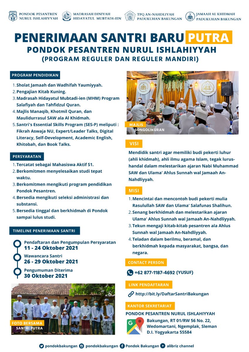 Yang pengen kuliah sambil mondok di daerah DI Yogyakarta, Ponpes Nurul Ishlahiyyah lagi buka pendaftaran nih. Info lengkap monggo colek Mas <a href="/harisnurali/">Haris Nur Ali</a>.
