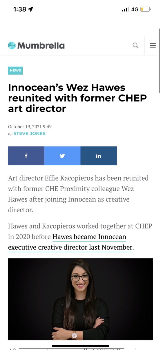 NickyCBryson's tweet photo. Hey @Mumbrellanews, this is a story about a woman - Effie Kacopieros - getting a new job, yet you’ve chosen to omit her and instead name and celebrate a man in the headline? https://t.co/wqR6hdwg49