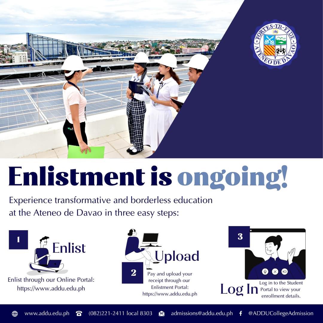 AdduAdmission's tweet photo. LOOK | Enlistment for first year and transferees is ongoing! 

Visit 🌐https://t.co/NEvWV7s2kT for more information. 

📩Please message https://t.co/shDdGxfGcG or email us at admissions@addu.edu.ph for inquiries and more information.

#AMDG
#WeLearnAsOne
#ADDU https://t.co/KLRbL1KHgj