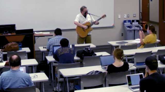 WayneGoode's tweet photo. In CM 375 Rhetorical Criticism at UAH, the text for our paper on Metaphor Criticism was the lyrics of Blackbird by the Beatles.  To help us better experience the text, Dr. Saunders performed it for us.  #CoolestClassEver
@UAHuntsville @UAHCommArts https://t.co/2lkfVC0LRy