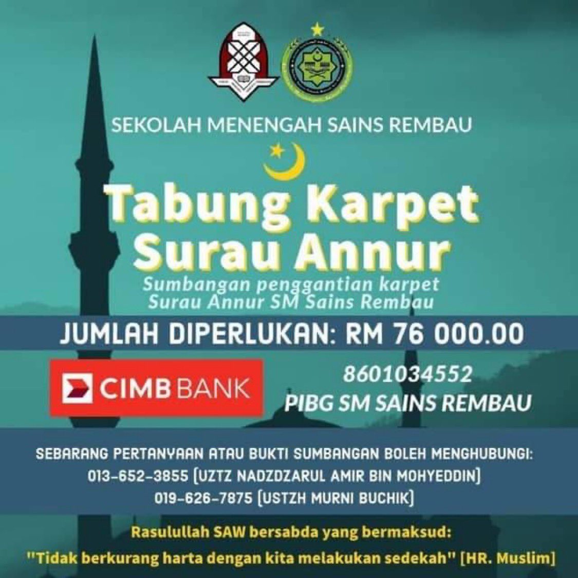 zeas_official's tweet photo. Assalamualaikum .

Kalau ada sesiapa nak menderma untuk pemasangan karpet baru di Surau An-Nur SM Sains Rembau. 
No Akaun        : 8601034552                                                                                                            
Nama Akaun  : PIBG SEMESRA https://t.co/ozveH27rfN