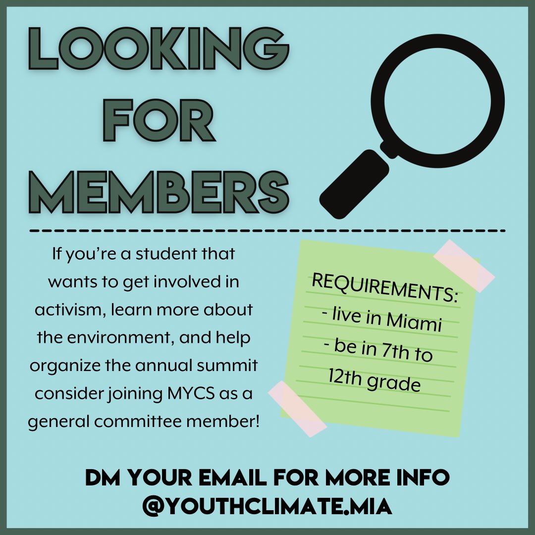 YouthClimateMia's tweet photo. MYCS is now looking for committee members for the 2022 summit! Interested in joining? DM @youthclimate.mia on IG with your email address to receive more info. 

#mycs2022 #miamiyouthclimatesummit #youthclimatesummit #climateaction #climatechange #globalwarming #miami https://t.co/lkIbFQaa9y