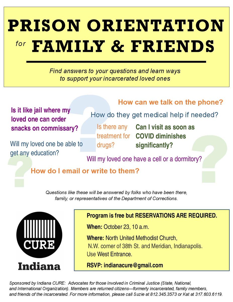 IndianaRSOL's tweet photo. Please help support Indiana CURE's Prison Orientation Meeting for Family and Friends. This Saturday (10/23) at Indianapolis North United Methodist Church, 38th and Meridian. Come out and bring anyone you know could benefit. https://t.co/m8OFUVTDVL