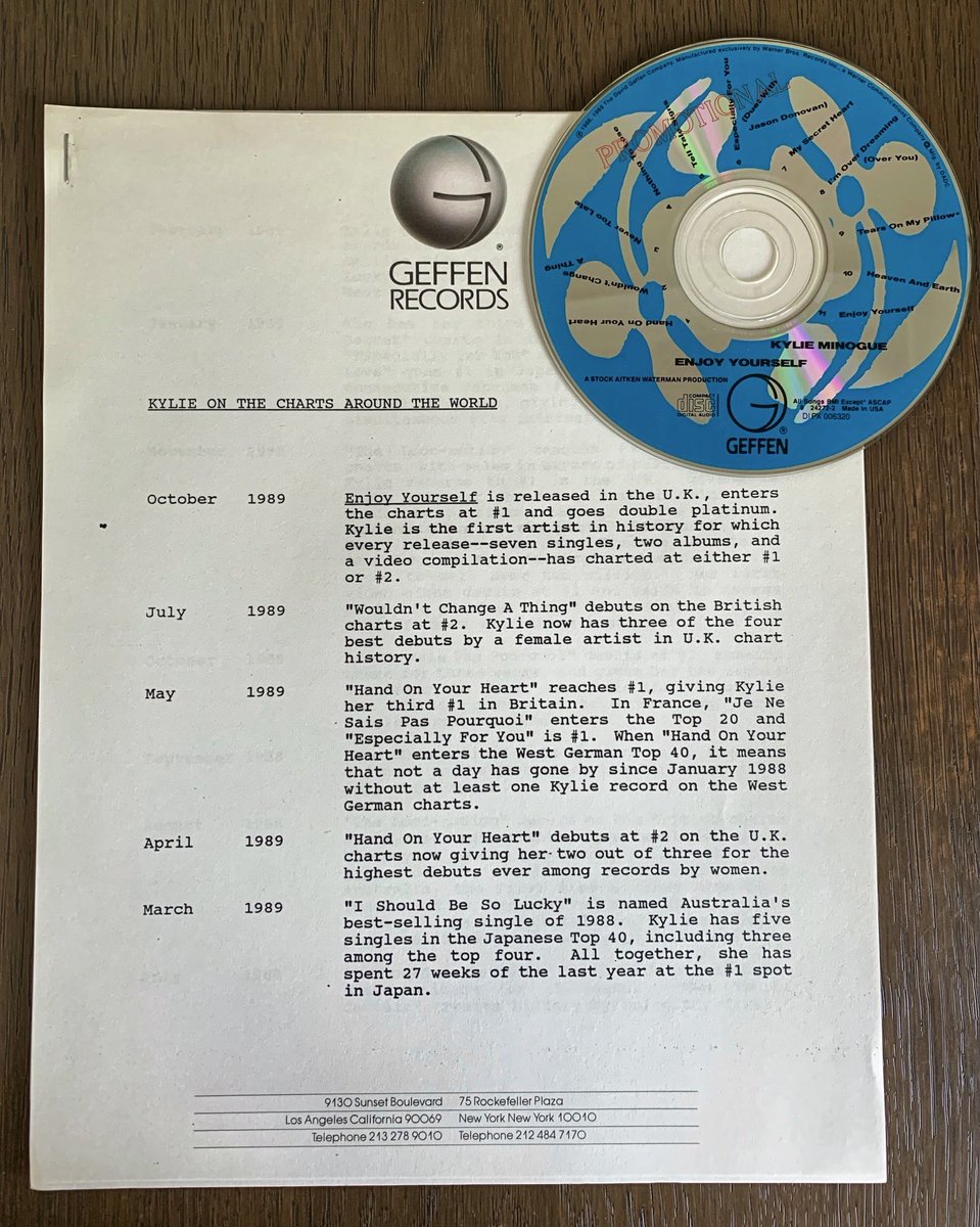 spjury's tweet photo. Really excited by a surprise delivery today. #KylieMinogue Enjoy Yourself. 1989 #GeffenRecords #PressPack. This was supposed to arrive with my US promo CD of Enjoy Yourself but it went missing in transit! Can’t believe it’s turned up! #USPromo #LostInTheMail #LateDelivery 🕺🔥🥰 https://t.co/xfEqk7hgKY