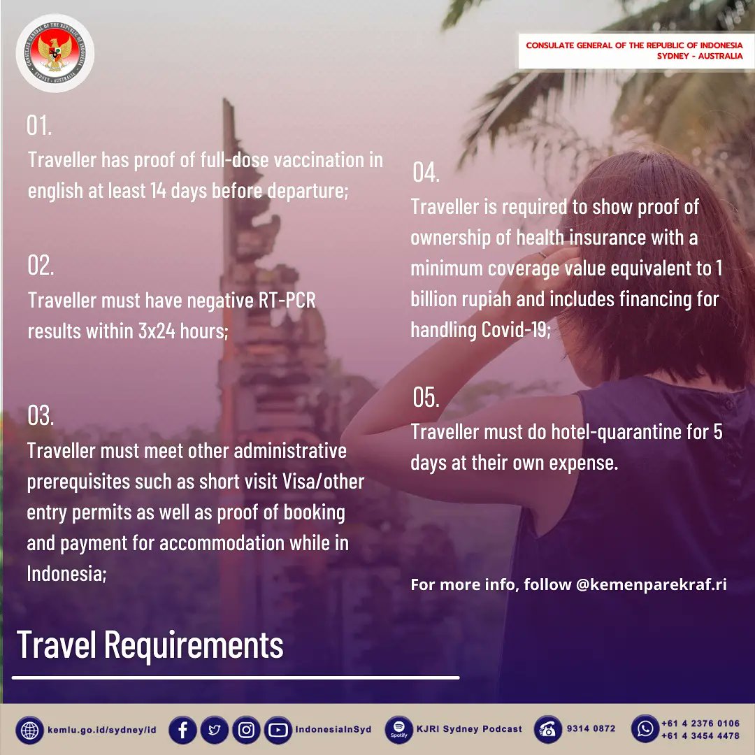 IndonesiaInSyd's tweet photo. Bali is now open for international tourists from 19 countries. The list of countries will be updated.

@Kemenparekraf @PemprovBali @baliairports @TravellerAU @AustTraveller

#inidiplomasi #wonderfulindonesia #bali #visitbali #triptobali https://t.co/TcchYCXhlf