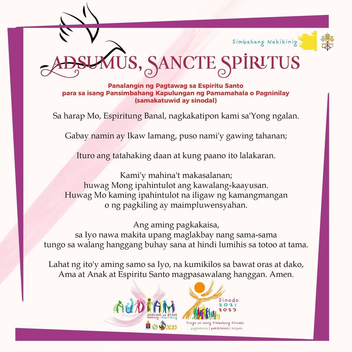 quiapochurch's tweet photo. ADSUMUS, SANCTE SPIRITUS
Prayer of invocation to the Holy Spirit for an ecclesial assembly of governance or discernment (thus synodal)
• • •
#Synod #Sinodo #AudiamSaRCAM #Makinig #KapitBisig #ListeningChurch #Pontifex #PopeFrancis #QuiapoChurch #Audiam #ArchdioceseOfManila https://t.co/kW0Chx4JHT
