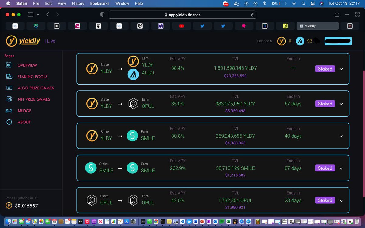 AlgoFamily's tweet photo. Have you seen how many staking pools are on @YieldlyFinance?!

I just did 15 transactions on @Algorand- staking #DeFi, swapping on @tinymanorg, bidding on #NFT auctions, etc.

15 transactions on #Ethereum cost $1,000 — on $algo it’s only $0.025.

Bring on the great migration 🚀 https://t.co/hKHd5fKCYz