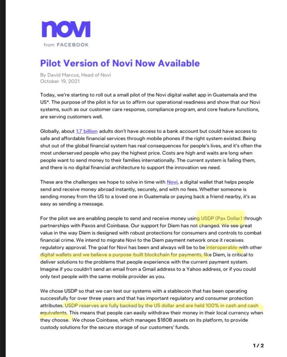 ChaseCoins's tweet photo. 1/ Novi, Facebook’s digital wallet subsidiary, is going live in the US &amp; Guatemala in a pilot program. This pilot program will allow users to start trading the Paxos Dollar. 

My thoughts on why this is incredibly bullish for $LINK: https://t.co/3FGCI3Sm8u