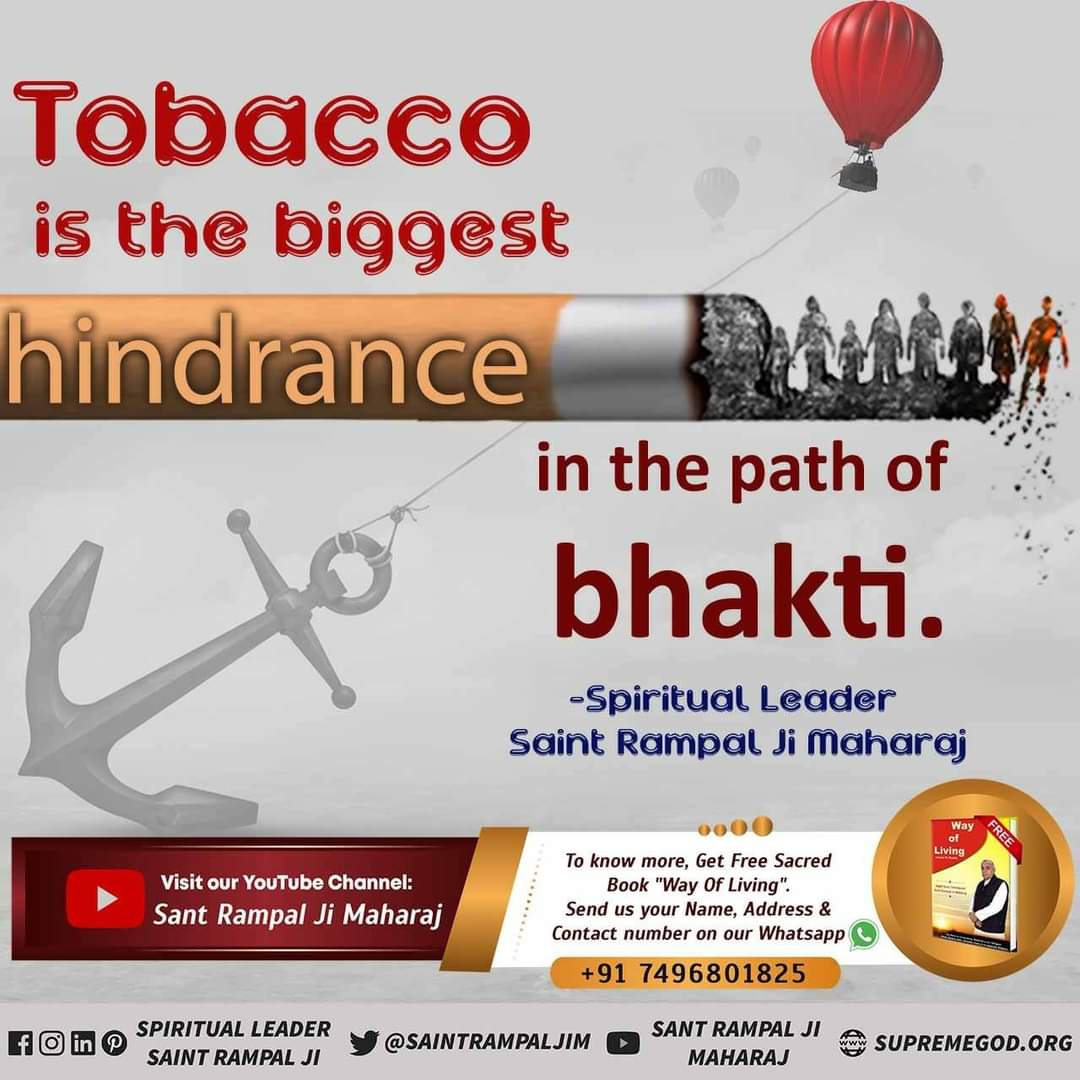 neha25611's tweet photo. #GodMorningWednesday
Tobacco is the biggest hindrance in the path of bhakti.
- Spiritual Leader Saint Rampal Ji Maharaj
#wednesdaythought https://t.co/7Esol4Fptd