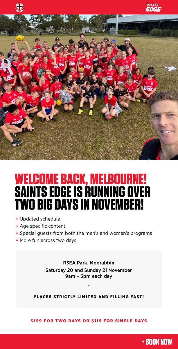The SMJFL is thrilled to share an exciting holiday program offered by the St Kilda Football Club - Saints Edge! This must-attend event will run over 2 days in November. Register here: saintsedge.com.au