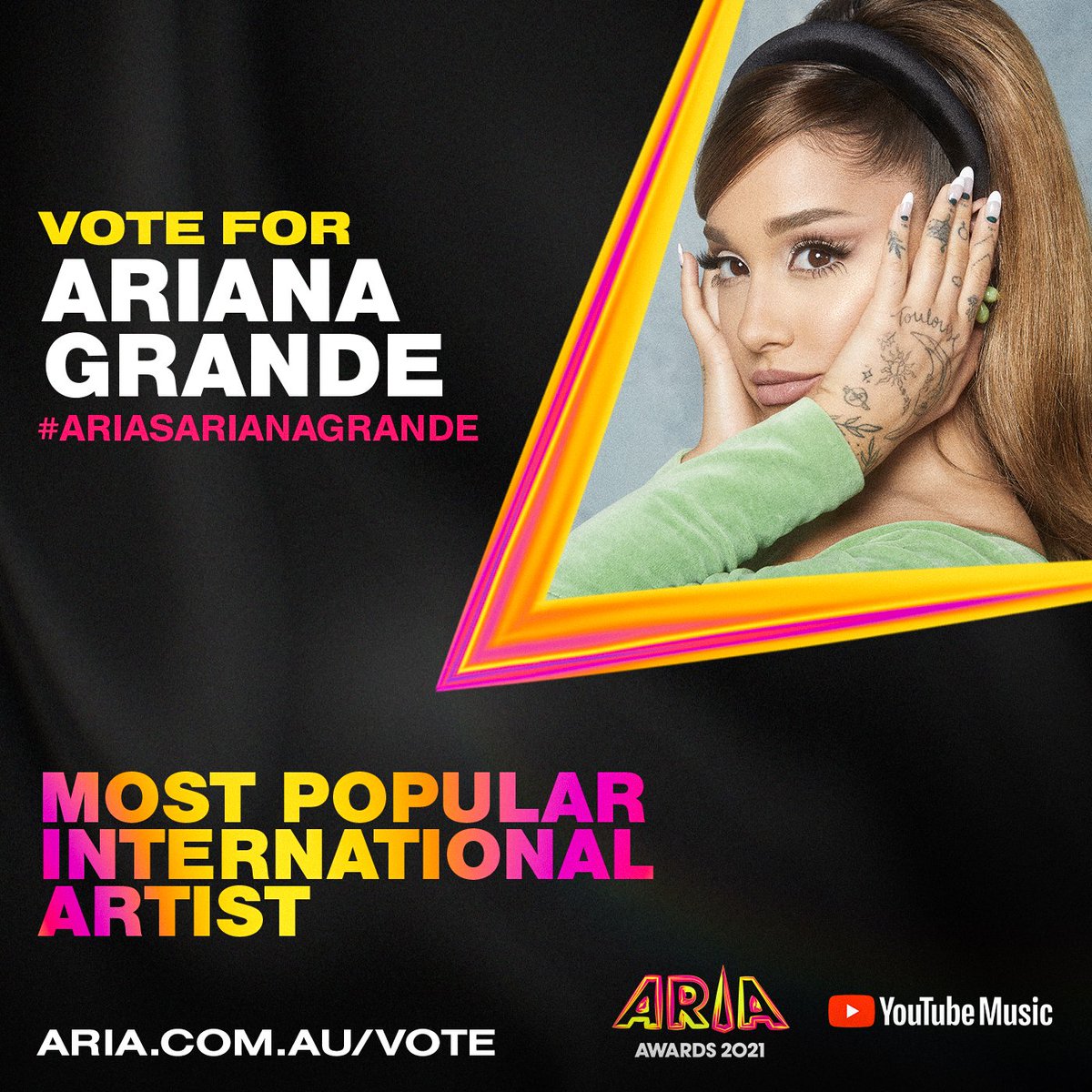 To vote for @arianagrande to win Most Popular International Artist at the 2021 ARIA Awards in partnership with <a href="/youtubemusic/">YouTube Music</a> simply tweet the hashtag #ariasarianagrande ! #ARIAs