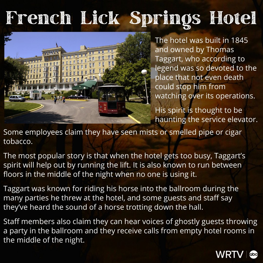 wrtv's tweet photo. The famous French Lick Springs Hotel is said to be home to multiple spirits β including the ghost of a former owner who was so devoted to the hotel that even death couldn't stop him from keeping it running. π»ππ» #HoosierHaunts #SpookySightings #HauntedIndiana #Halloween2021 https://t.co/S3hpB0MBZK