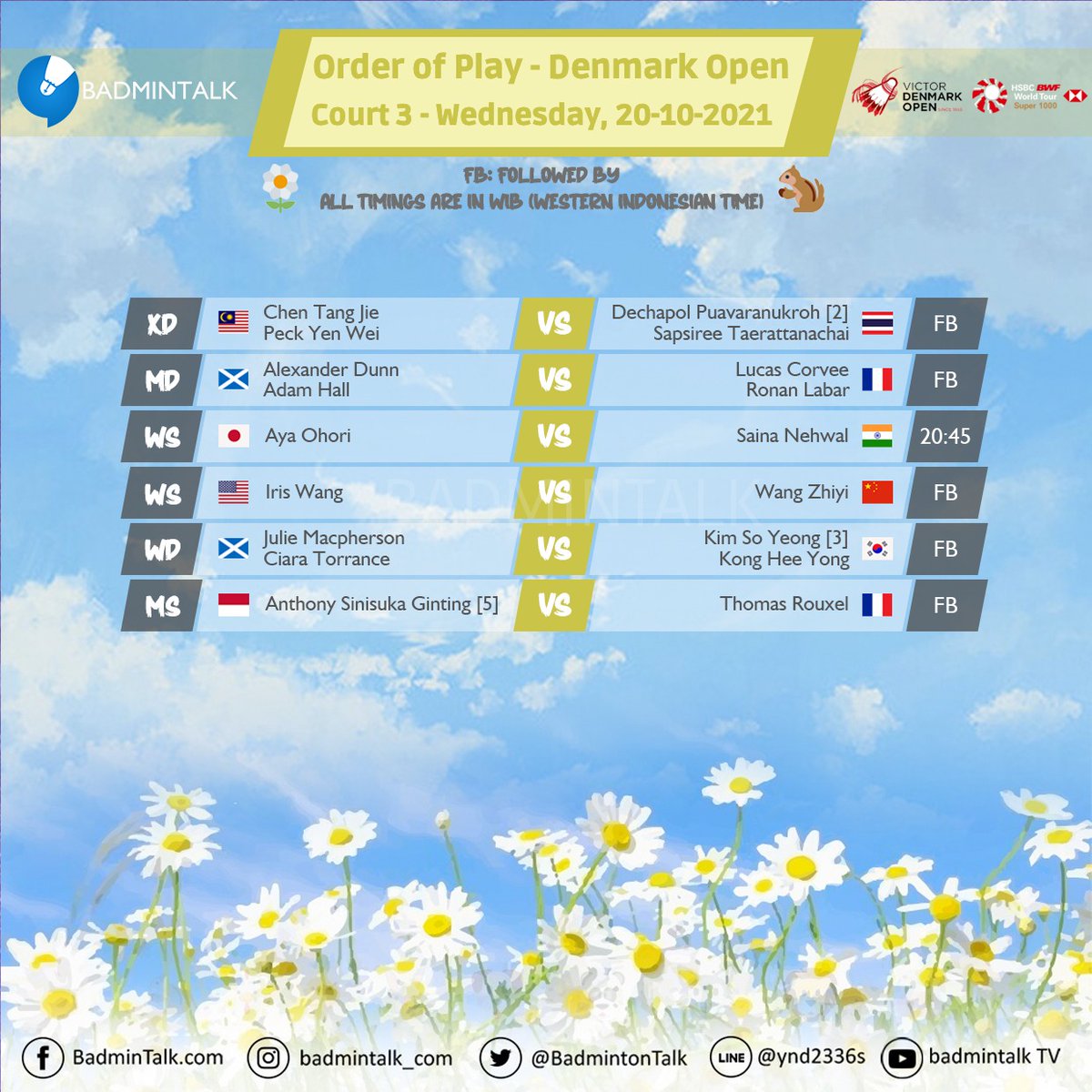 BadmintonTalk's tweet photo. FULL ORDER OF PLAY

#DenmarkOpen2021 Round of 32 (Part 2)
20 Oct 2021
Starts 14:00 WIB

Match mana yang paling ditunggu? https://t.co/m0sSVKdkQC