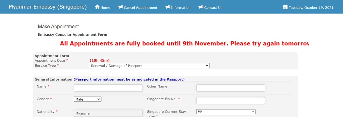 MayWongST's tweet photo. Appears #Myanmar citizens living/working in #Singapore finding it extremely hard to renew passports at embassy with complaints of how they can't book appointments as openings only available next month. Page now also down. This may force citizens home #WhatsHappeningInMyanmar https://t.co/kDTdxfWsBQ