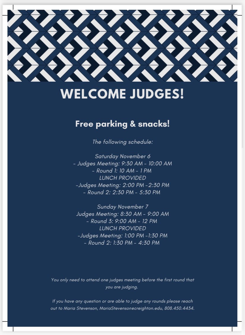 We are looking for judges for our Bluejay Tournament Nov 6-7th! Please reach out if you can or know anyone.