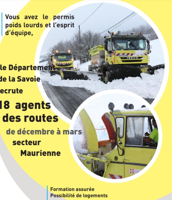 Vous aimeriez passer la saison d’hiver en montagne ?
Le Département de la Savoie recrute des agents des routes avec permis C. Information collective et entretiens le 4 novembre.
Inscription auprès de : melt.73056@pole-emploi.fr