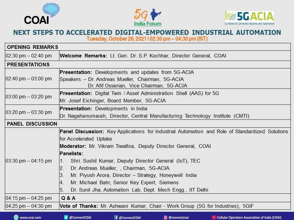 5GIndiaForum's tweet photo. Join us for this event on 'Next Steps to Accelerated Digital-Empowered Industrial Automation. To register visit - https://t.co/5Edqd8pxr3 https://t.co/Pzpj171kbH