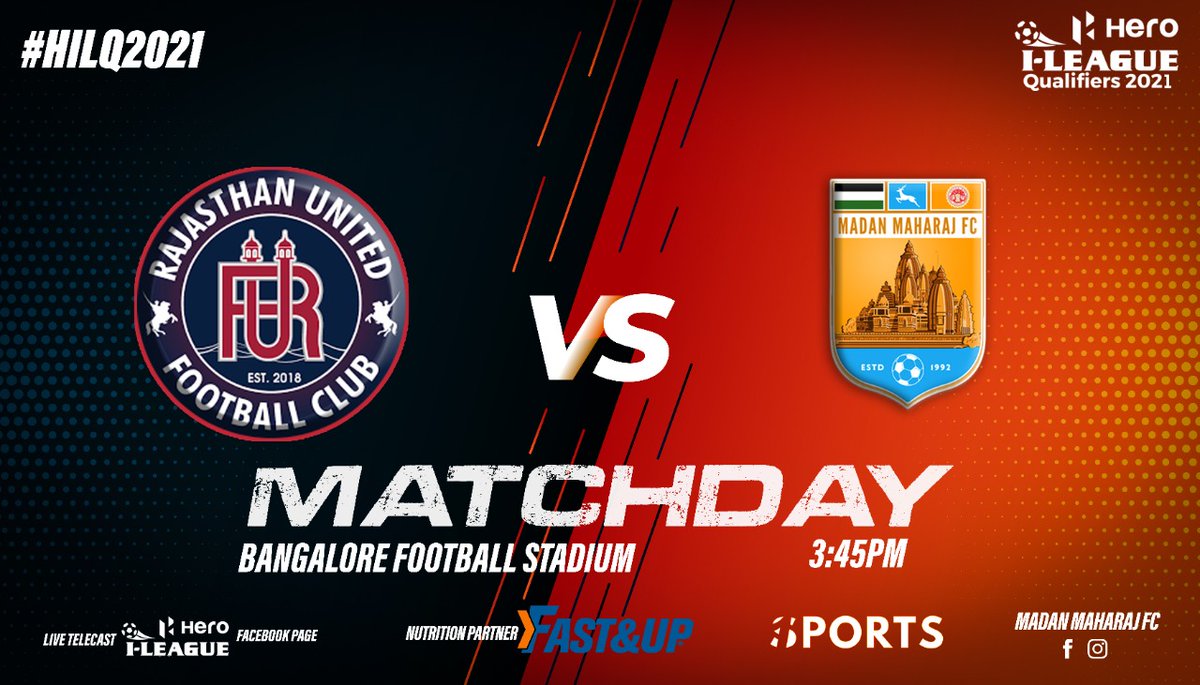 FcMaharaj's tweet photo. Matchday 🔥

Hero I-league Qualifiers 2021 🏆

⚔️ : Madan Maharaj FC vs Rajasthan United FC
🗓: 20th October, 2021
🕖: 3-45PM (IST)
🏟 : Bangalore Football Stadium
📱:https://t.co/W2TSKVLKuq
📺 :https://t.co/vJ3k7LYZa0  

#MMFCRUFC
#Chasingdreams
#HILQ2021
#IndianFootball https://t.co/nrqswMCAxB