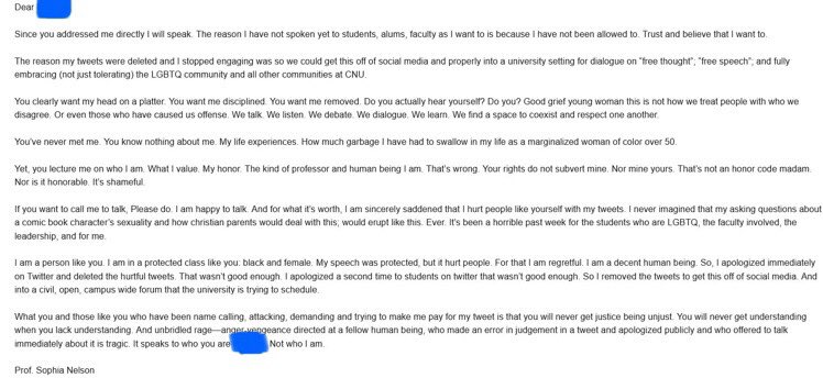 soapaccino's tweet photo. Nelson’s response to a student email addresses to herself and other cnu admin. https://t.co/V8O82HDsQl