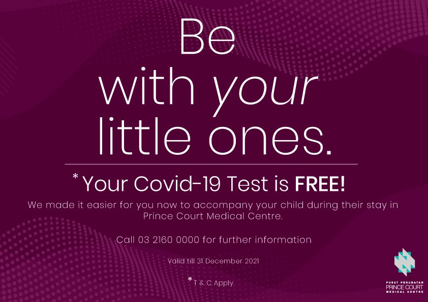 PrinceCourtMC's tweet photo. Now you can accompany your child through admission hassle-free with a FREE Covid-19 test.
- Companion for children from age 0-12years old. 
- One-time usage per patient. 
- From 20 Oct 2021.
Contact us 03 2160 0000 https://t.co/pnDZbJ95rM