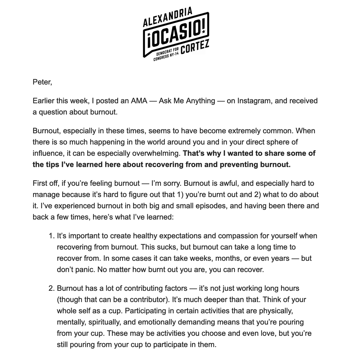 petersterne's tweet photo. @AOC Here's the full email that AOC sent out about her tips for dealing with burnout: https://t.co/8Aw2DVN8eG