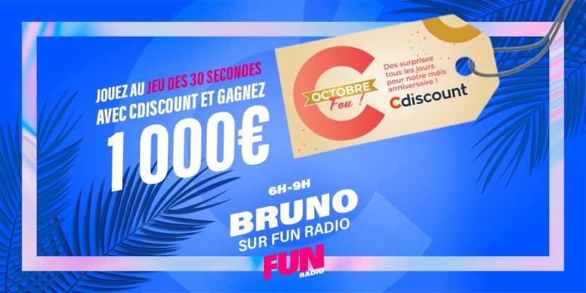 🚨😍 Qui veut remporter 1000€ à dépenser chez <a href="/Cdiscount/">Cdiscount</a> dans LE JEU DES 30 SECONDES ? 
👉 RT ce post avec le #BrunoFunRadio !
🥳 À l’occasion de leur mois anniversaire « OCTOBRE FOU » !